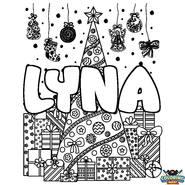 Coloring page first name LYNA - Christmas tree and presents background
