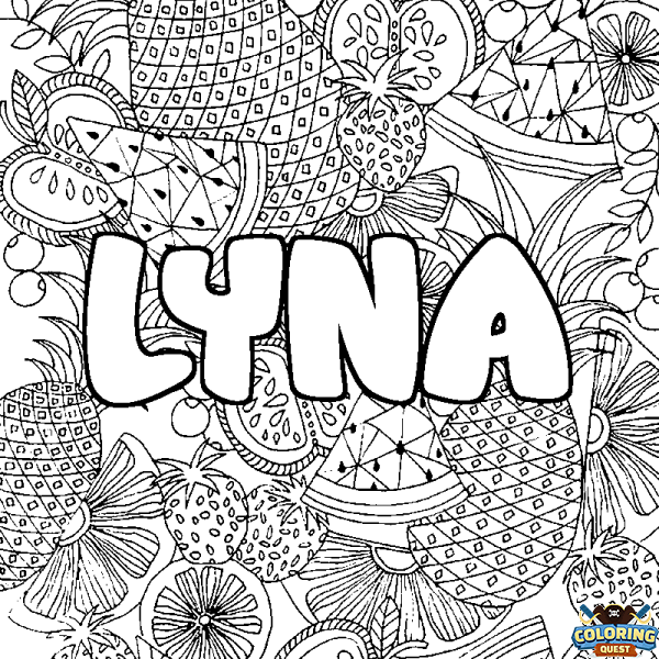 Coloring page first name LYNA - Fruits mandala background