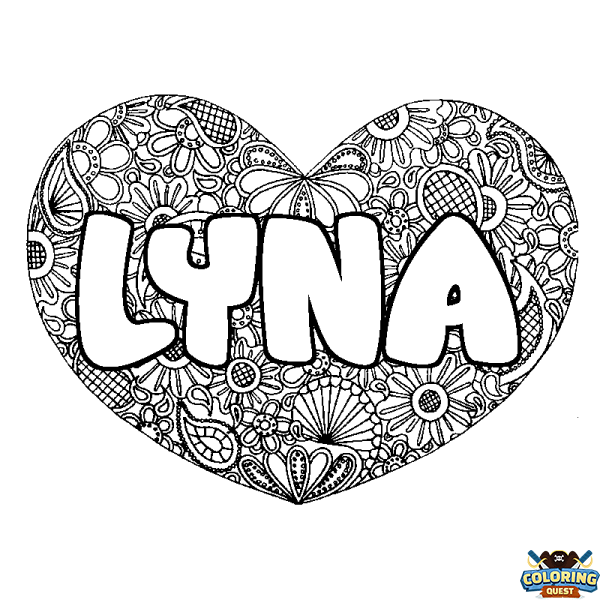 Coloring page first name LYNA - Heart mandala background