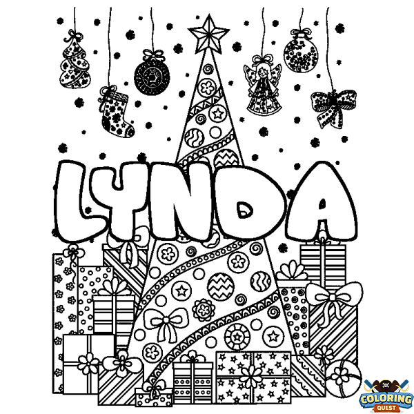 Coloring page first name LYNDA - Christmas tree and presents background