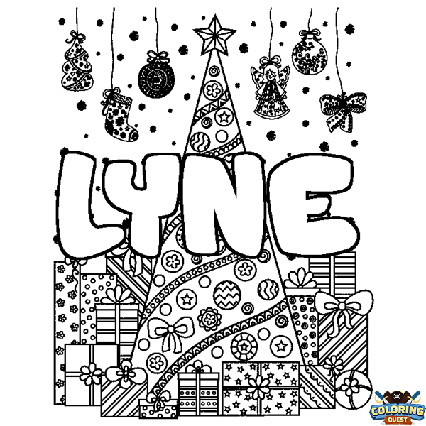 Coloring page first name LYNE - Christmas tree and presents background