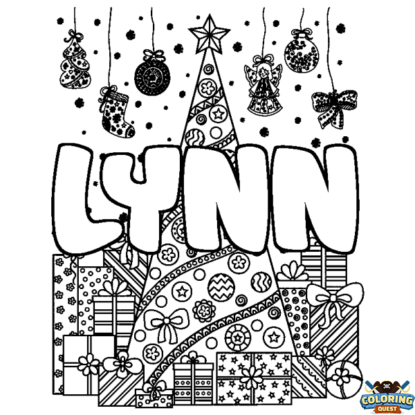 Coloring page first name LYNN - Christmas tree and presents background