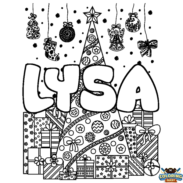 Coloring page first name LYSA - Christmas tree and presents background