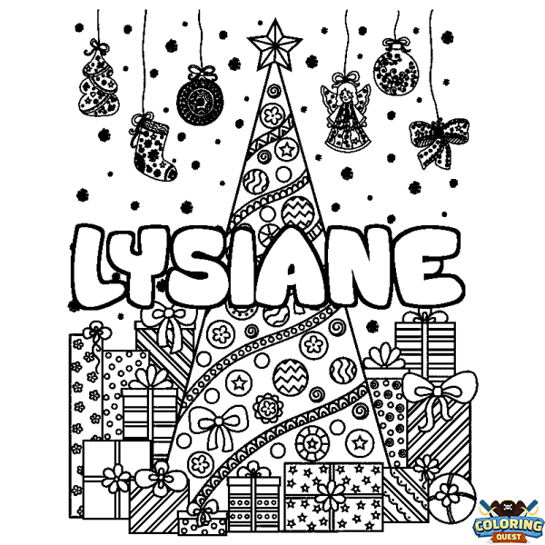 Coloring page first name LYSIANE - Christmas tree and presents background