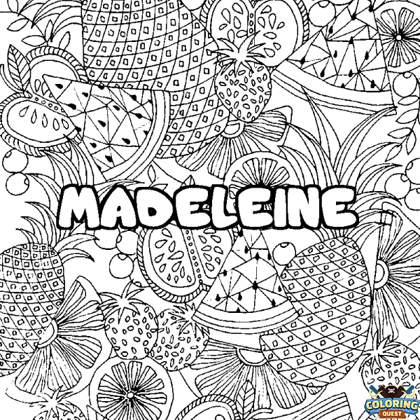 Coloring page first name MADELEINE - Fruits mandala background