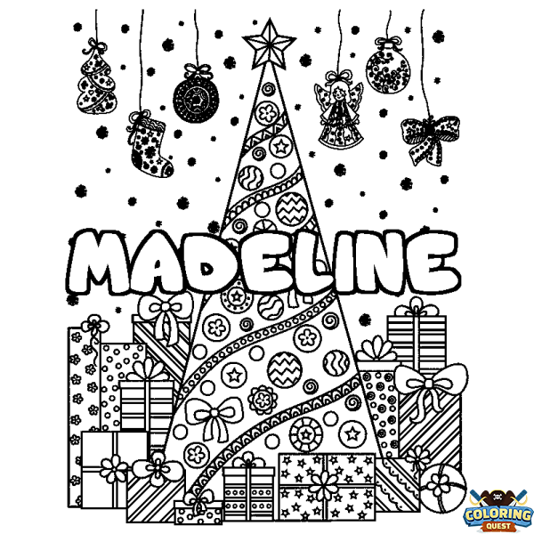Coloring page first name MADELINE - Christmas tree and presents background
