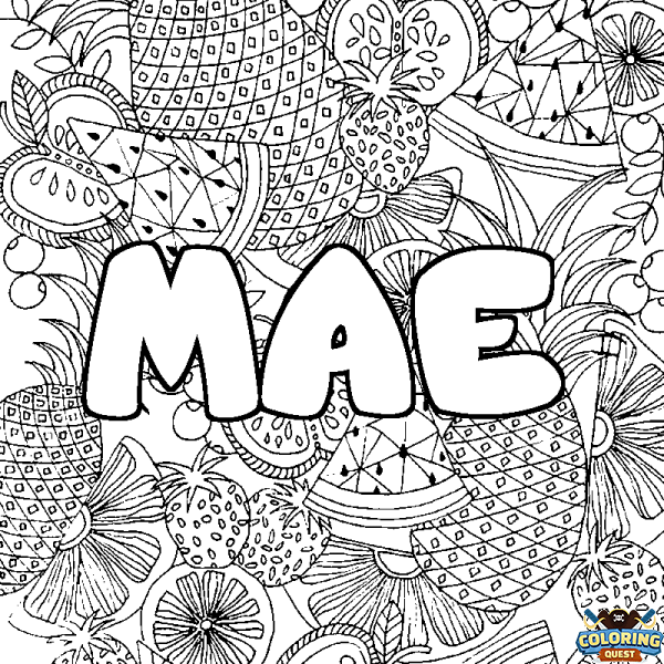 Coloring page first name MAE - Fruits mandala background