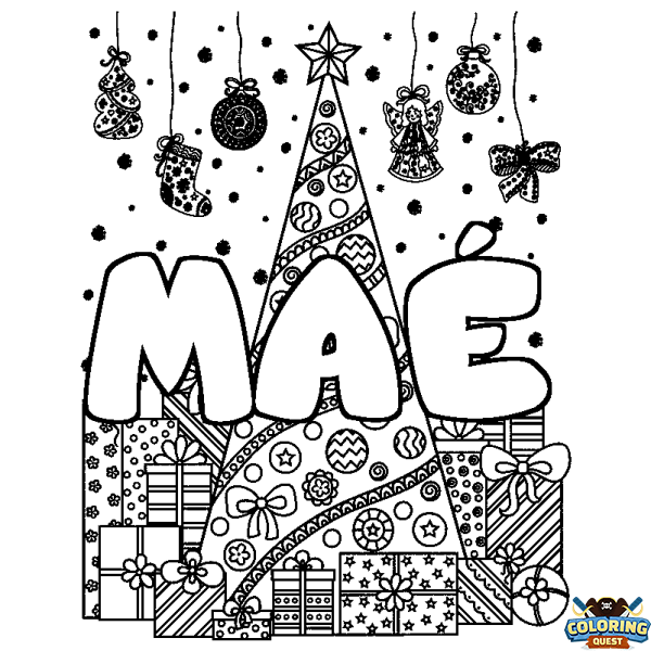 Coloring page first name MA&Eacute; - Christmas tree and presents background