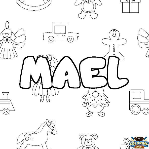 Coloring page first name MAEL - Toys background