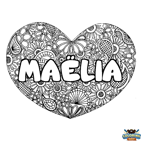 Coloring page first name MA&Euml;LIA - Heart mandala background