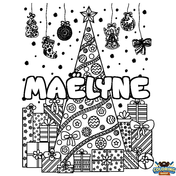 Coloring page first name MA&Euml;LYNE - Christmas tree and presents background