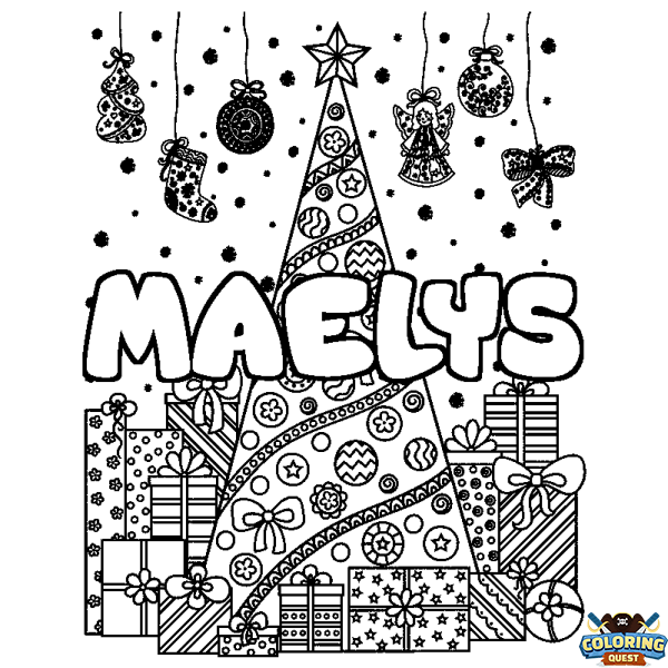 Coloring page first name MAELYS - Christmas tree and presents background