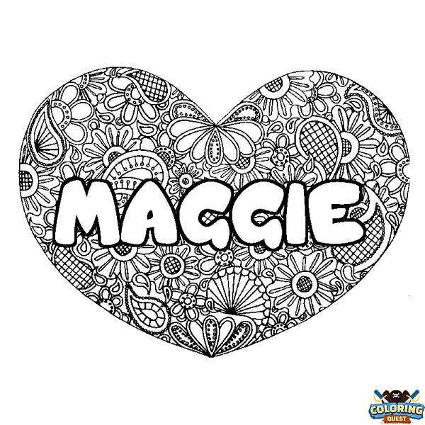 Coloring page first name MAGGIE - Heart mandala background