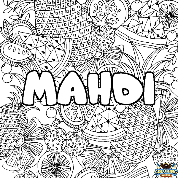 Coloring page first name MAHDI - Fruits mandala background