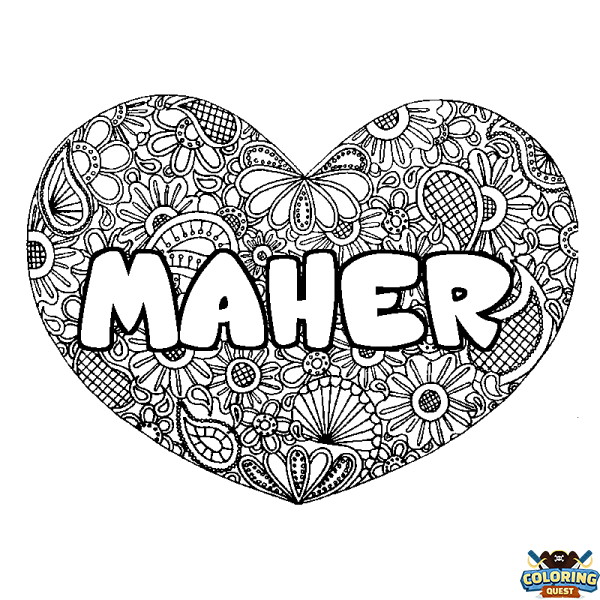 Coloring page first name MAHER - Heart mandala background