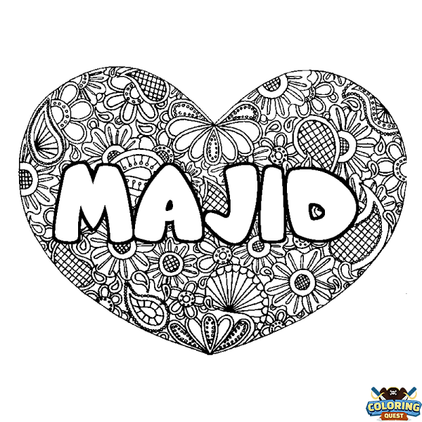 Coloring page first name MAJID - Heart mandala background