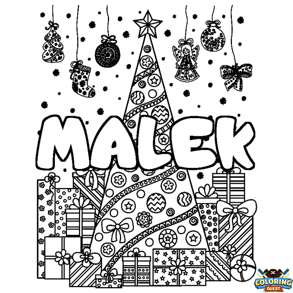 Coloring page first name MALEK - Christmas tree and presents background