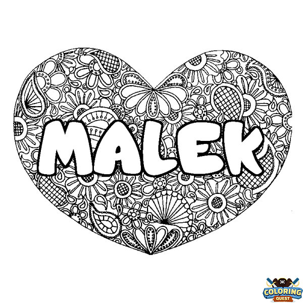Coloring page first name MALEK - Heart mandala background