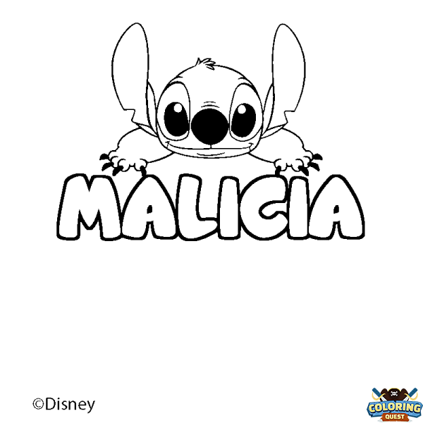 Coloring page first name MALICIA - Stitch background