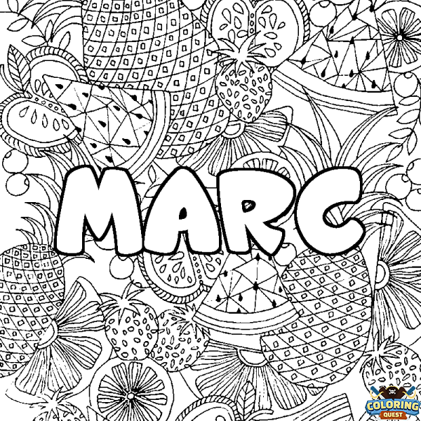 Coloring page first name MARC - Fruits mandala background