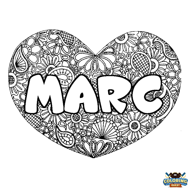 Coloring page first name MARC - Heart mandala background