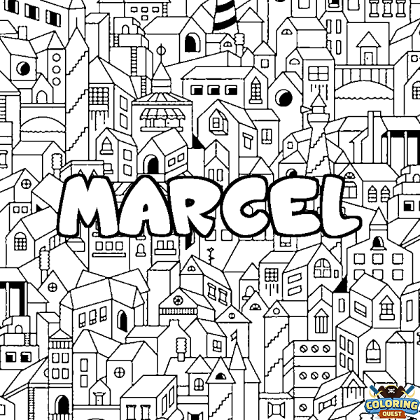 Coloring page first name MARCEL - City background