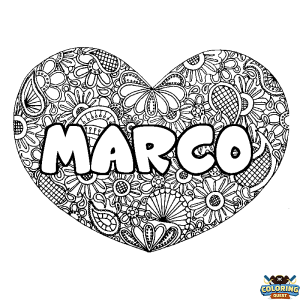 Coloring page first name MARCO - Heart mandala background