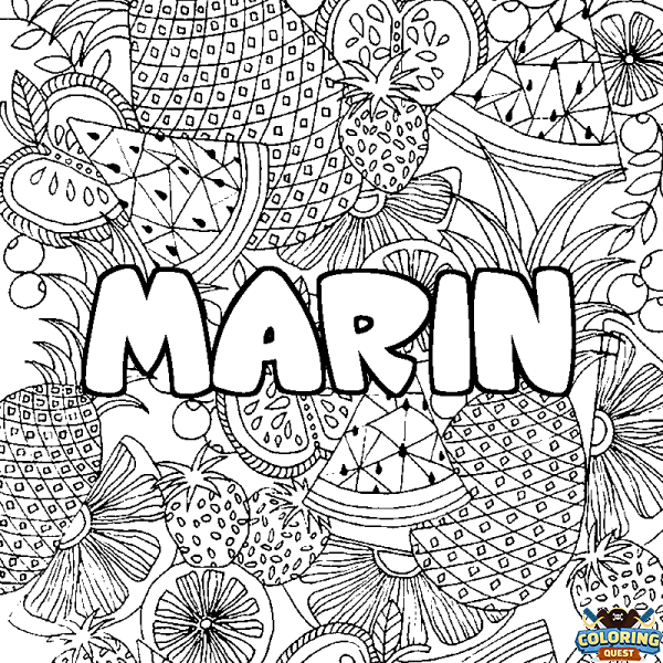 Coloring page first name MARIN - Fruits mandala background