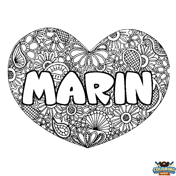 Coloring page first name MARIN - Heart mandala background