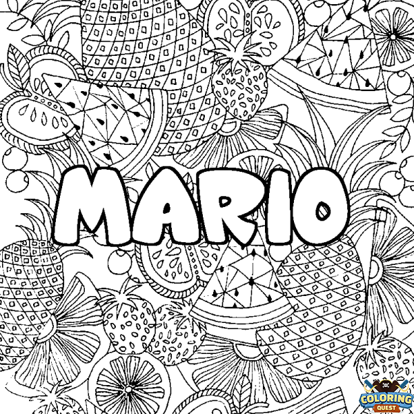 Coloring page first name MARIO - Fruits mandala background