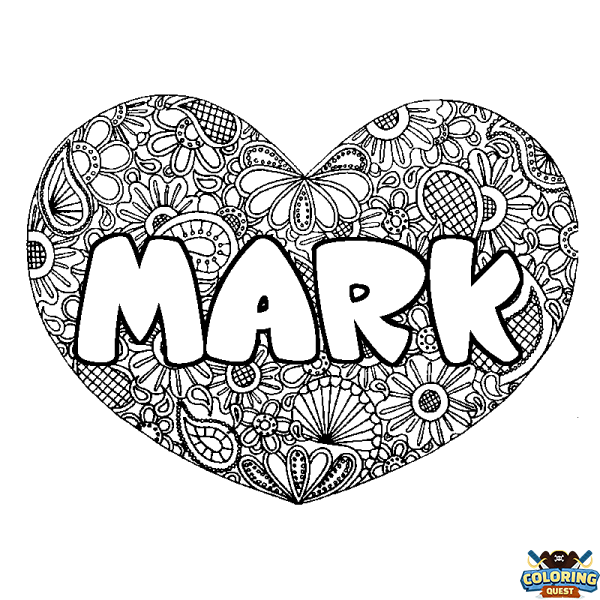 Coloring page first name MARK - Heart mandala background