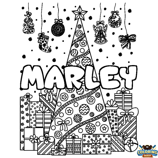 Coloring page first name MARLEY - Christmas tree and presents background