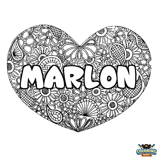 Coloring page first name MARLON - Heart mandala background
