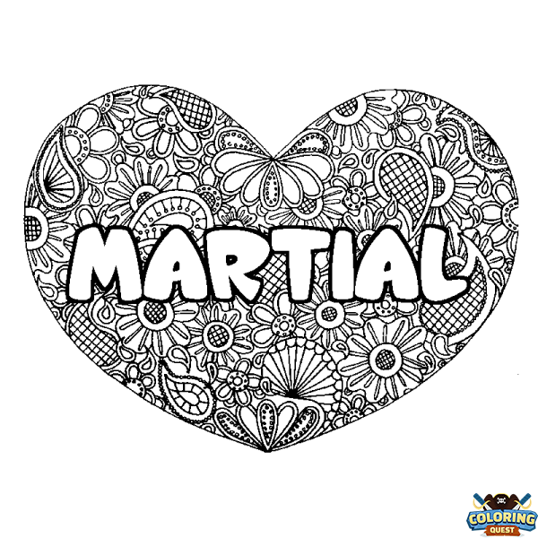 Coloring page first name MARTIAL - Heart mandala background