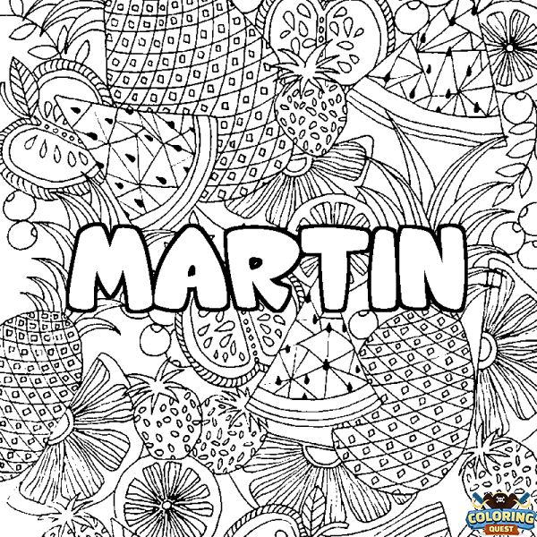 Coloring page first name MARTIN - Fruits mandala background