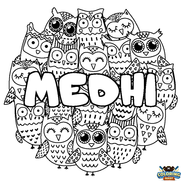 Coloring page first name MEDHI - Owls background