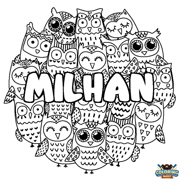 Coloring page first name MILHAN - Owls background