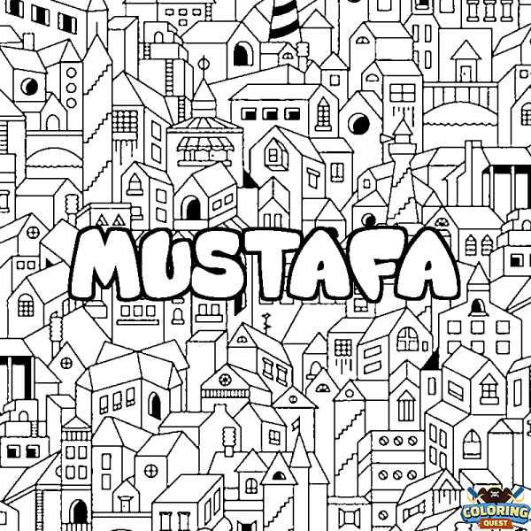 Coloring page first name MUSTAFA - City background