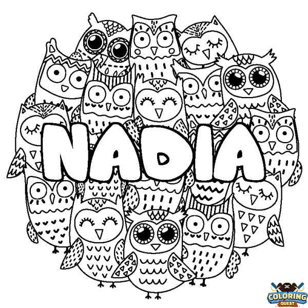 Coloring page first name NADIA - Owls background