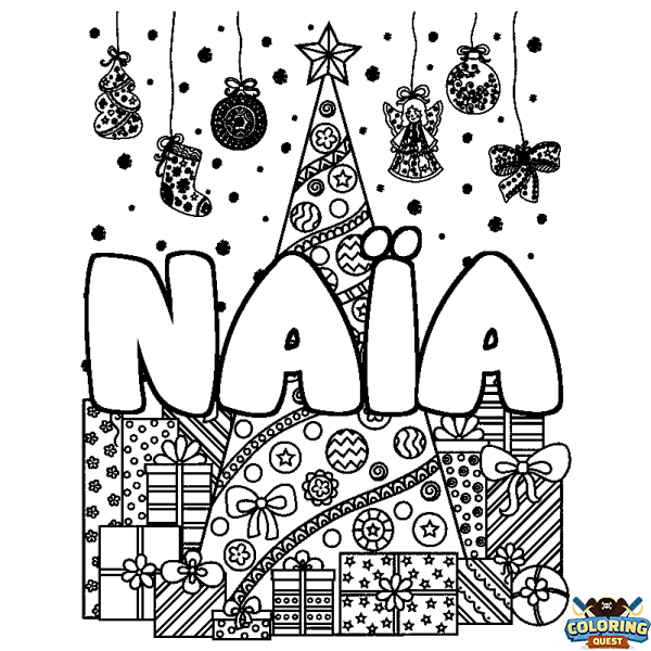 Coloring page first name NA&Iuml;A - Christmas tree and presents background