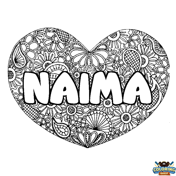 Coloring page first name NAIMA - Heart mandala background