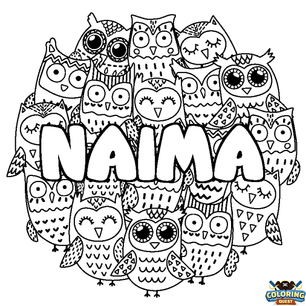 Coloring page first name NAIMA - Owls background