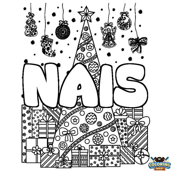 Coloring page first name NAIS - Christmas tree and presents background