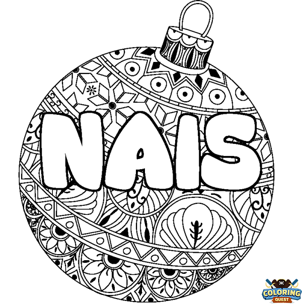 Coloring page first name NAIS - Christmas tree bulb background
