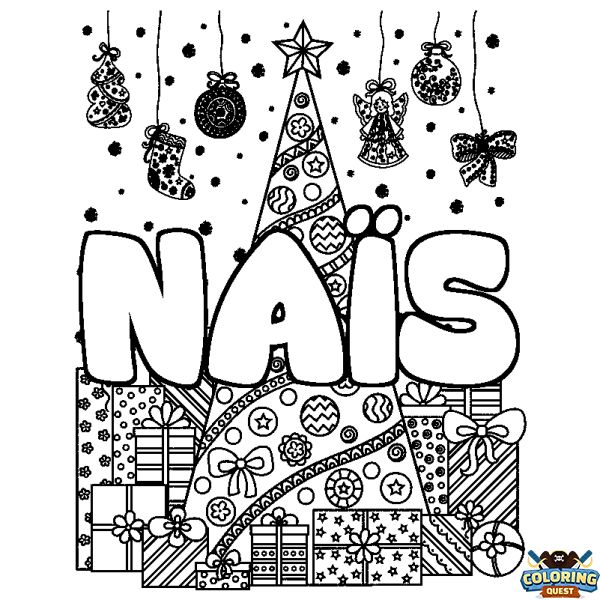Coloring page first name NA&Iuml;S - Christmas tree and presents background