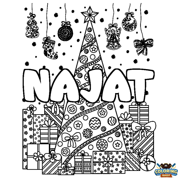Coloring page first name NAJAT - Christmas tree and presents background