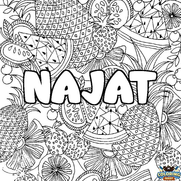 Coloring page first name NAJAT - Fruits mandala background