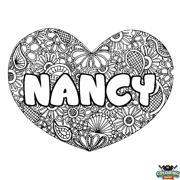 Coloring page first name NANCY - Heart mandala background