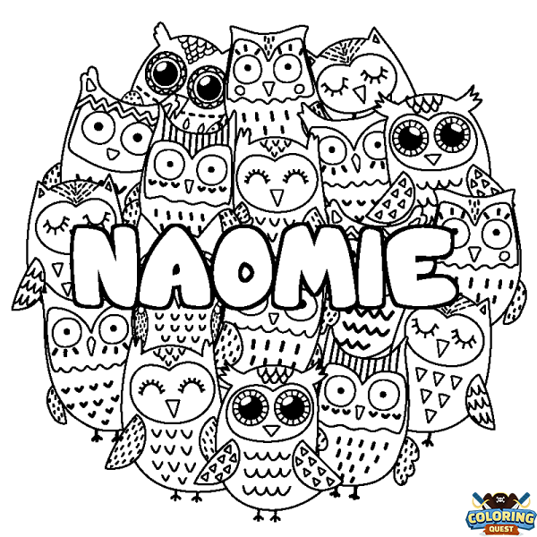 Coloring page first name NAOMIE - Owls background
