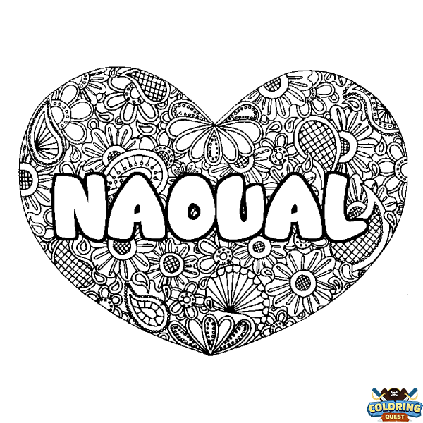 Coloring page first name NAOUAL - Heart mandala background